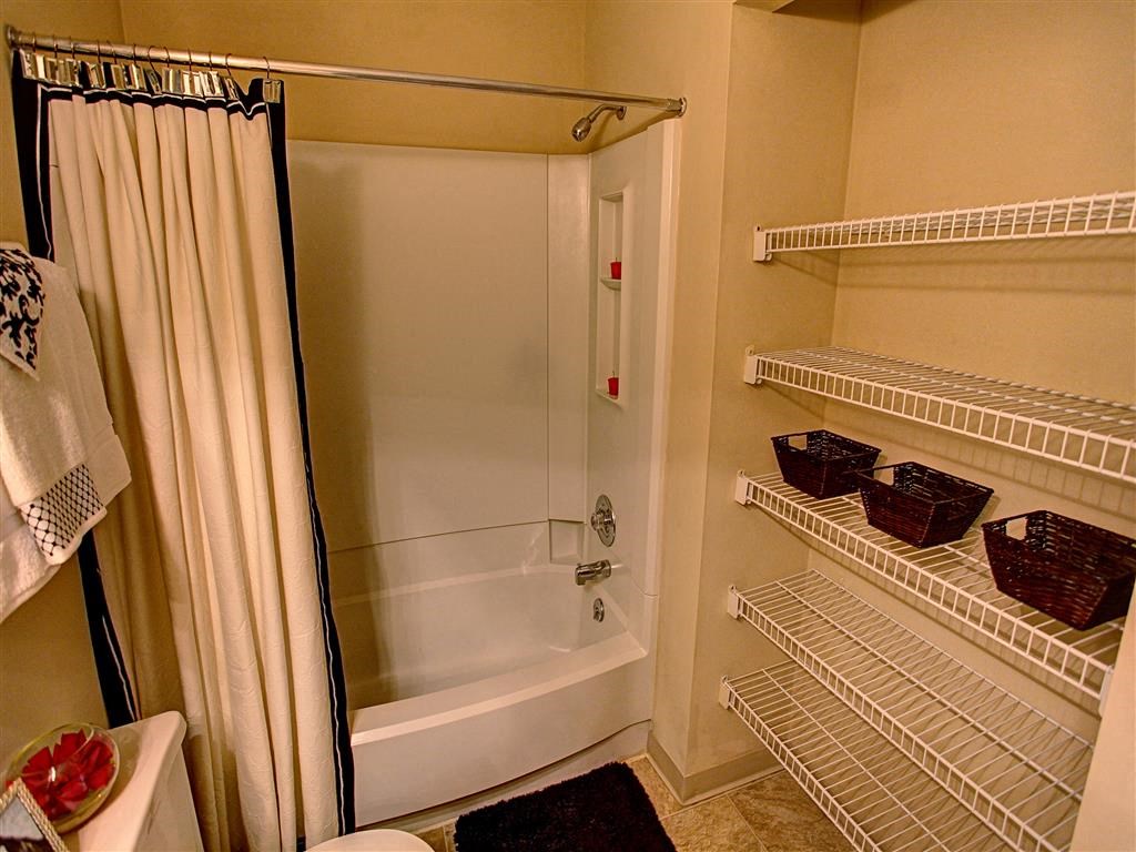 a bathroom with a shower and a closet