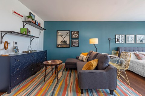a living room with blue walls and a couch