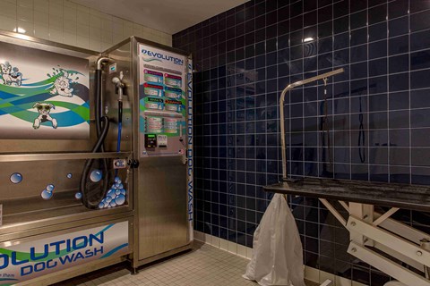 a bathroom with a refrigerator and a shower and a bench