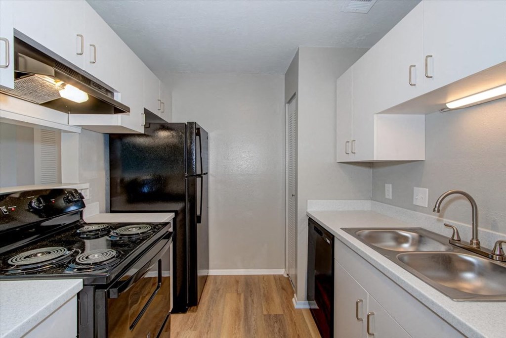 a kitchen with a stove and a sink and a refrigerator