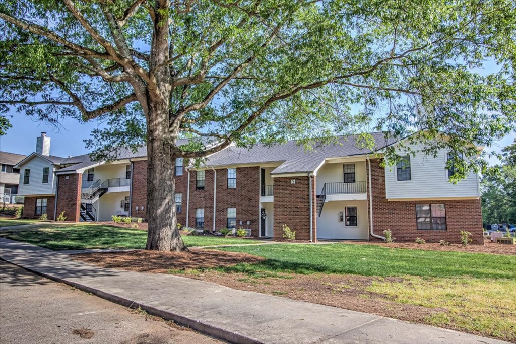 our apartments are located in a quiet neighborhood with a tree