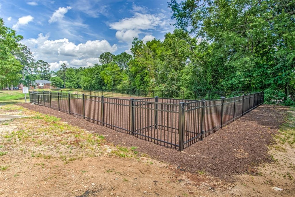 a wrought iron fence in a park with trees