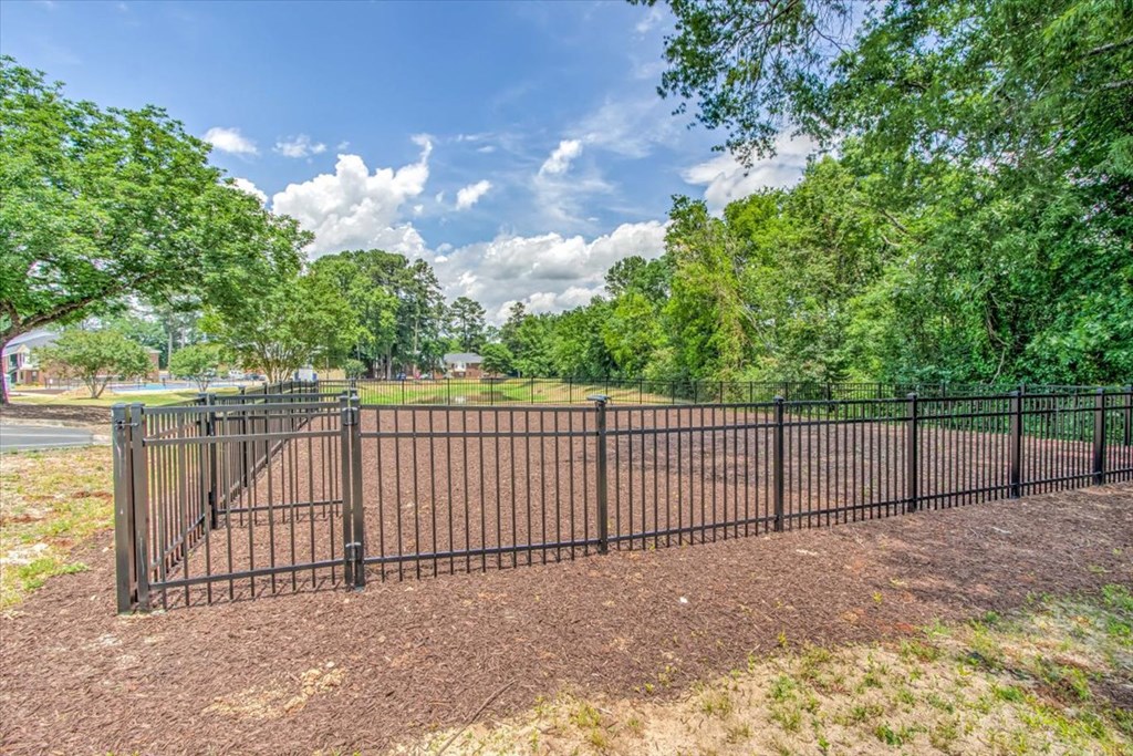 the gate to the dog park is iron and has a fence