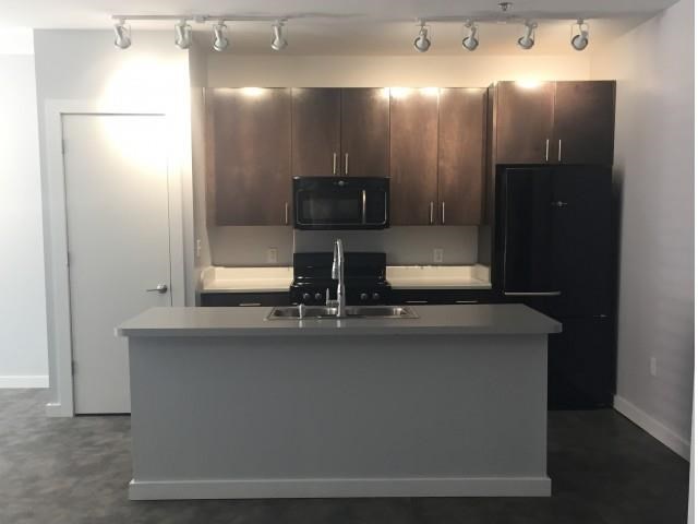 a kitchen with a counter and a black refrigerator