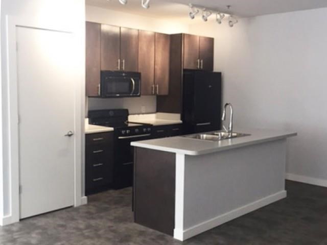 a kitchen with a sink and a stove and a microwave