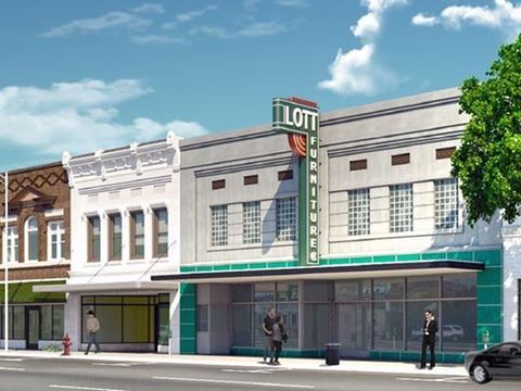 a rendering of a theater on the corner of a street