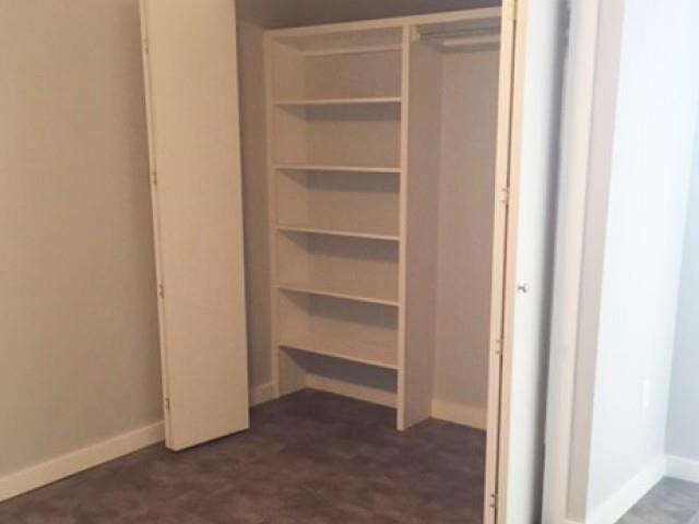 a closet with empty shelves and a door