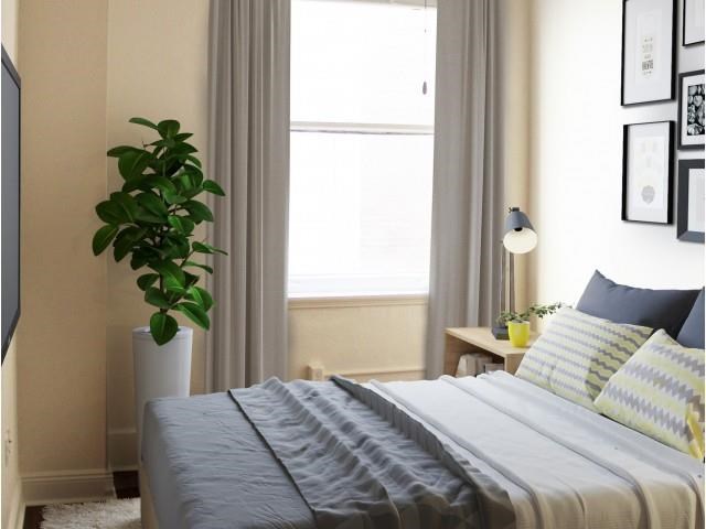 a bedroom with a bed and a potted plant