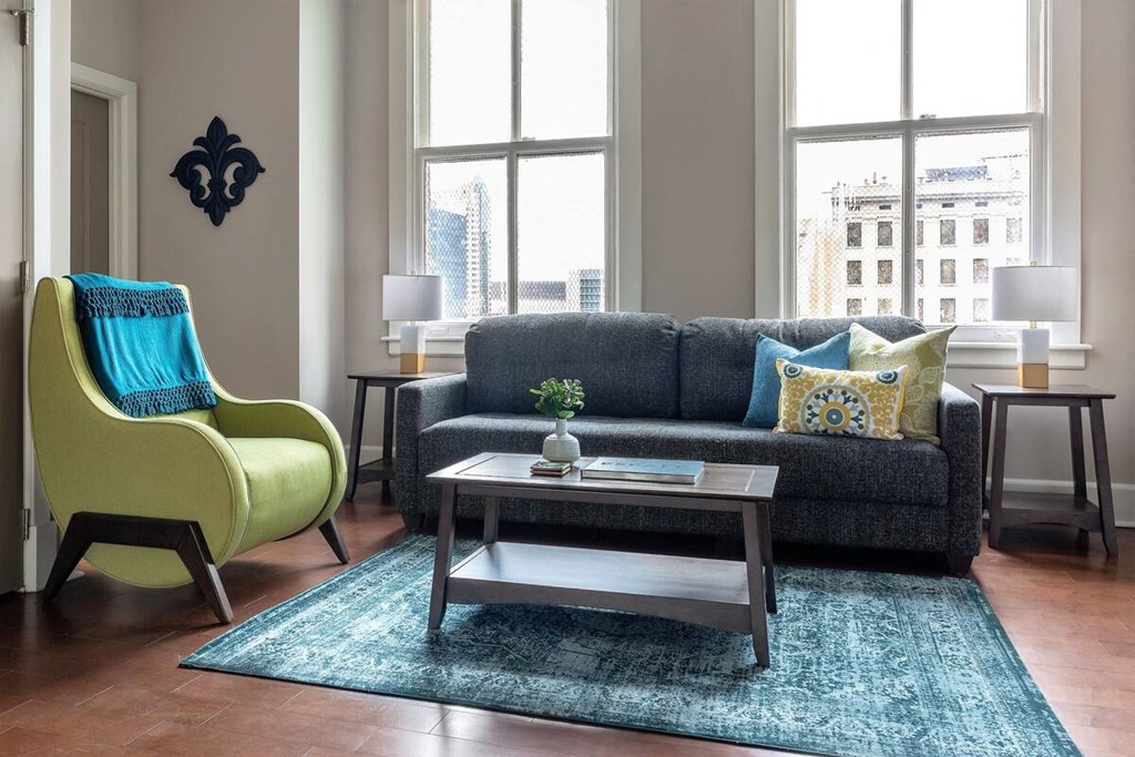 a living room with a couch and a coffee table