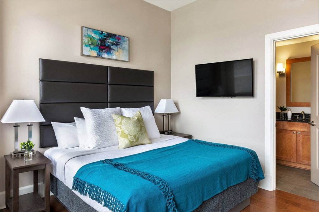 a bedroom with a bed and a television