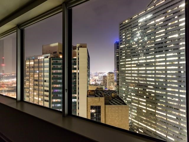 a view of a city skyline from a window