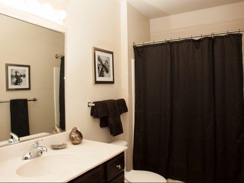 a bathroom with a black shower curtain and a sink and a mirror
