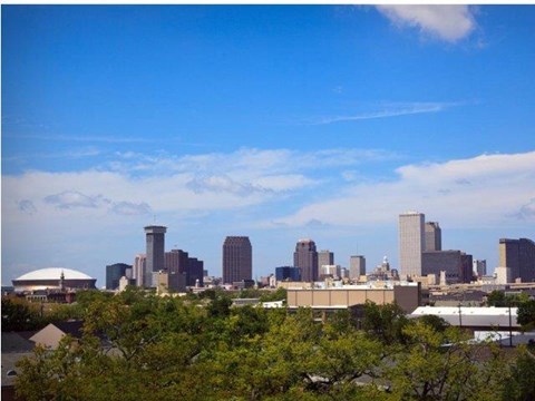 a city skyline with a blue sky and trees