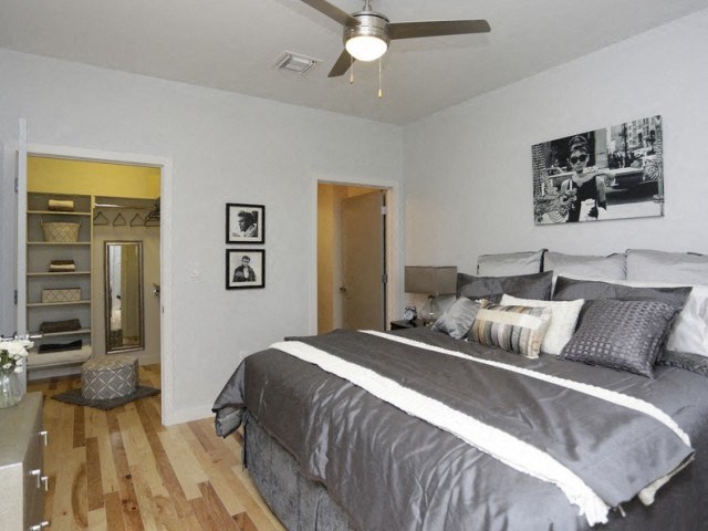 a bedroom with a bed and a ceiling fan