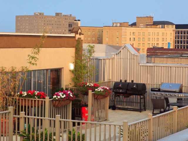a rooftop deck with a grill and flowers and a city in the background