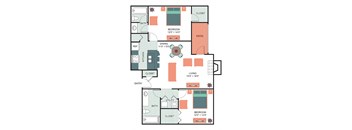 2 Bed 2 Bath Floor Plan at  Wildwood Apartments, CLEAR Property Management, Austin, 78752