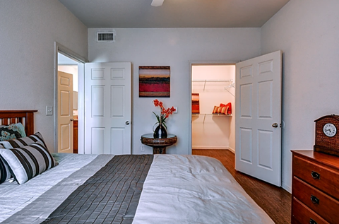a bedroom with a bed and a dresser and a closet