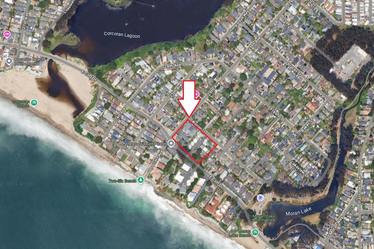 A map shows a beachfront area with a red box and arrow pointing to a specific location.