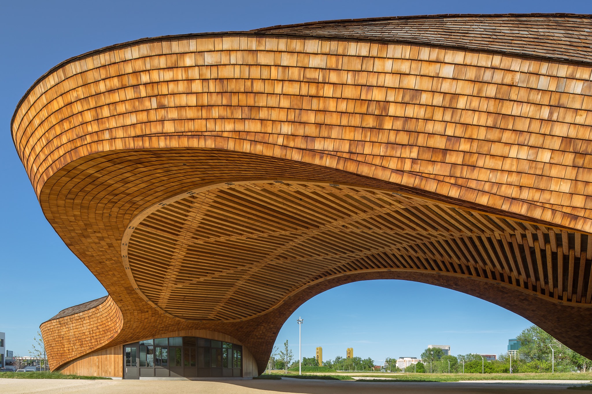 the curved wooden roof of the bundeena pavilion