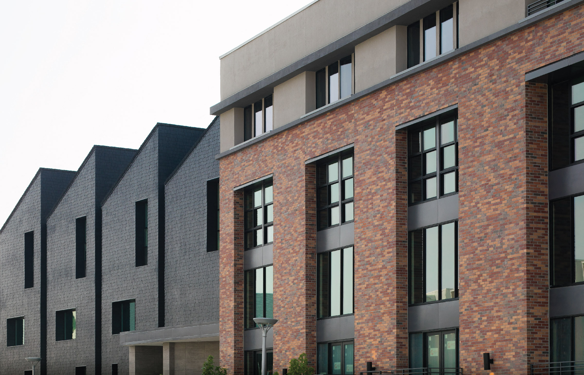 a row of brick apartment buildings with large windows