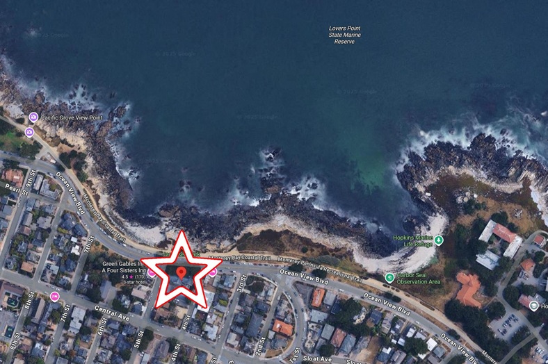 A red star is placed on a map of a coastal area.