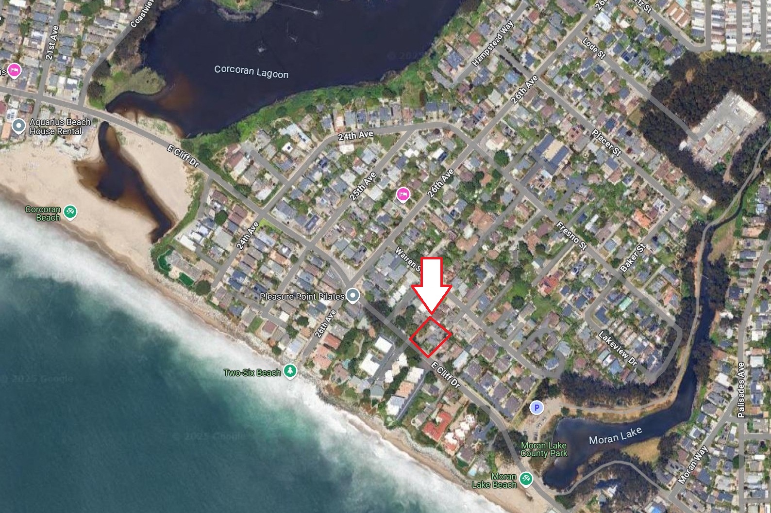 A map shows a beachfront area with a red box highlighting a specific section.