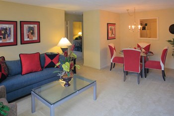 Red Furniture Layout Model Apartment SoMa Mattapan Model Living Room at Fairlawn Apartments in Mattapan - Photo Gallery 4
