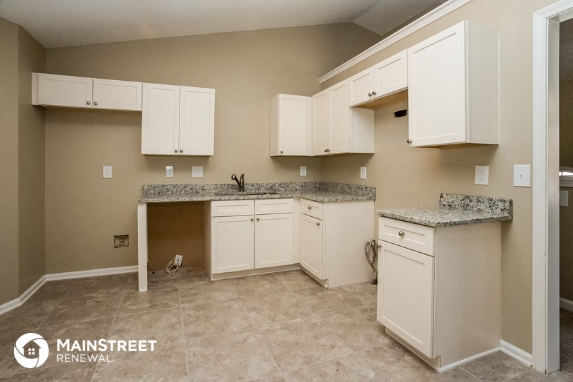 a kitchen with white cabinets and a counter top