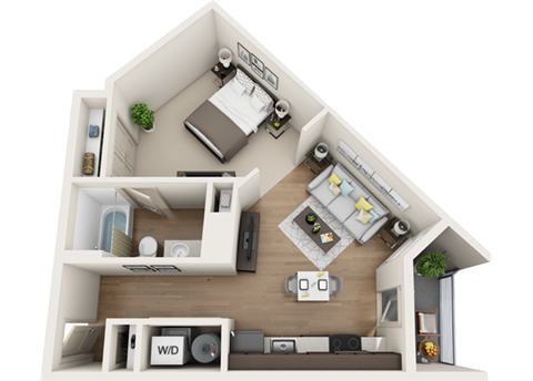 3d 1 bedroom floor plan | The Tribute Apartments in Raleigh, NC