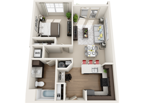 3d 1 bedroom floor plan | The Tribute Apartments in Raleigh, NC