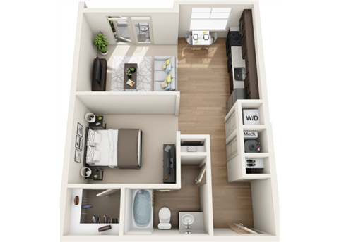 3d 1 bedroom floor plan | The Tribute Apartments in Raleigh, NC
