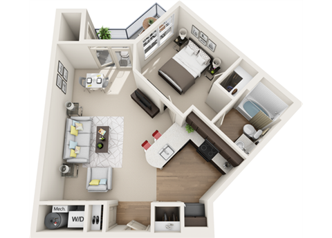3d 1 bedroom floor plan | The Tribute Apartments in Raleigh, NC