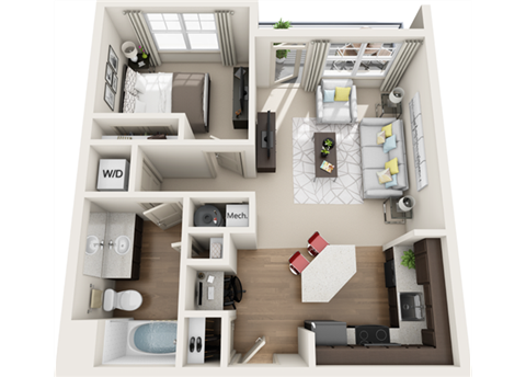 3d 1 bedroom floor plan | The Tribute Apartments in Raleigh, NC