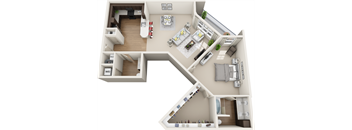 3d 1 bedroom floor plan | The Tribute Apartments in Raleigh, NC