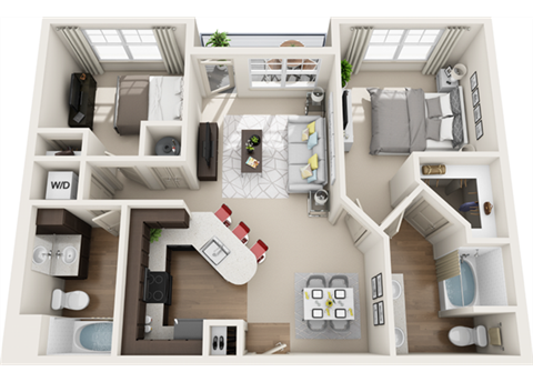 3d 2 bedroom floor plan | The Tribute Apartments in Raleigh, NC