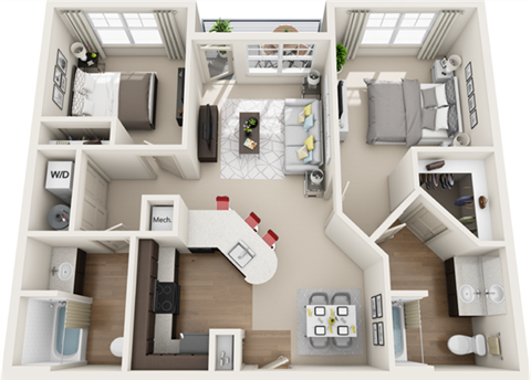3d 2 bedroom floor plan | The Tribute Apartments in Raleigh, NC