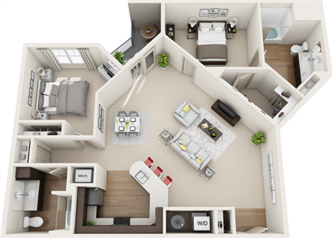 3d 2 bedroom floor plan | The Tribute Apartments in Raleigh, NC
