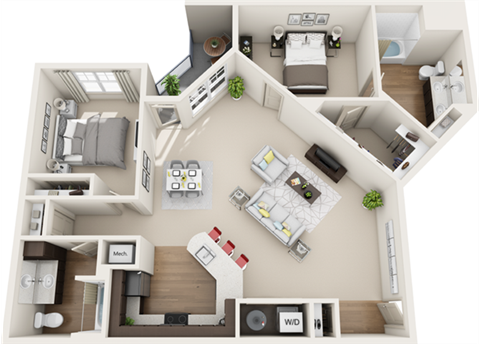 3d 2 bedroom floor plan | The Tribute Apartments in Raleigh, NC