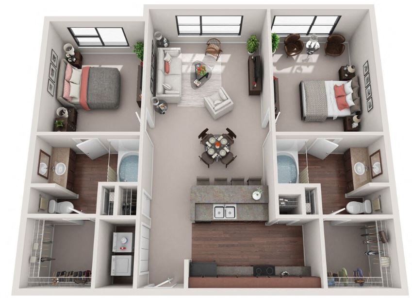 2 Bed 2 Bath Floor Plan | 1,184 Sq. Ft. at  Gramercy on the Park Apartments in Dallas, TX