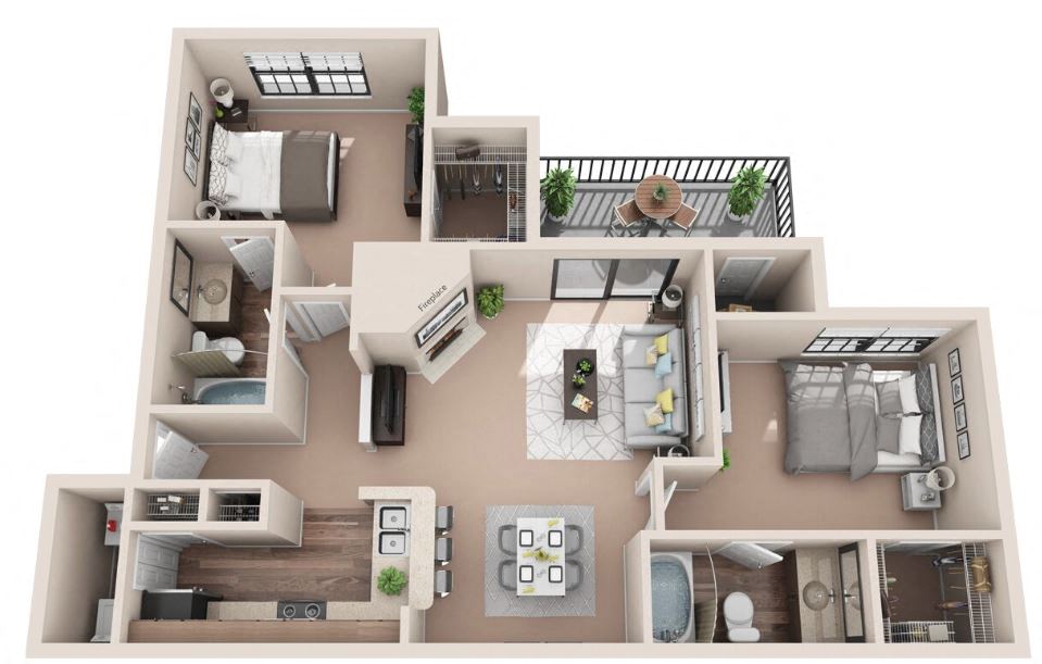 2 Bed 2 Bath Stainless Steel Appliances Floor Plan | 1,026 Sq. Ft. at Lakeshore at Preston Apartments in Plano, TX