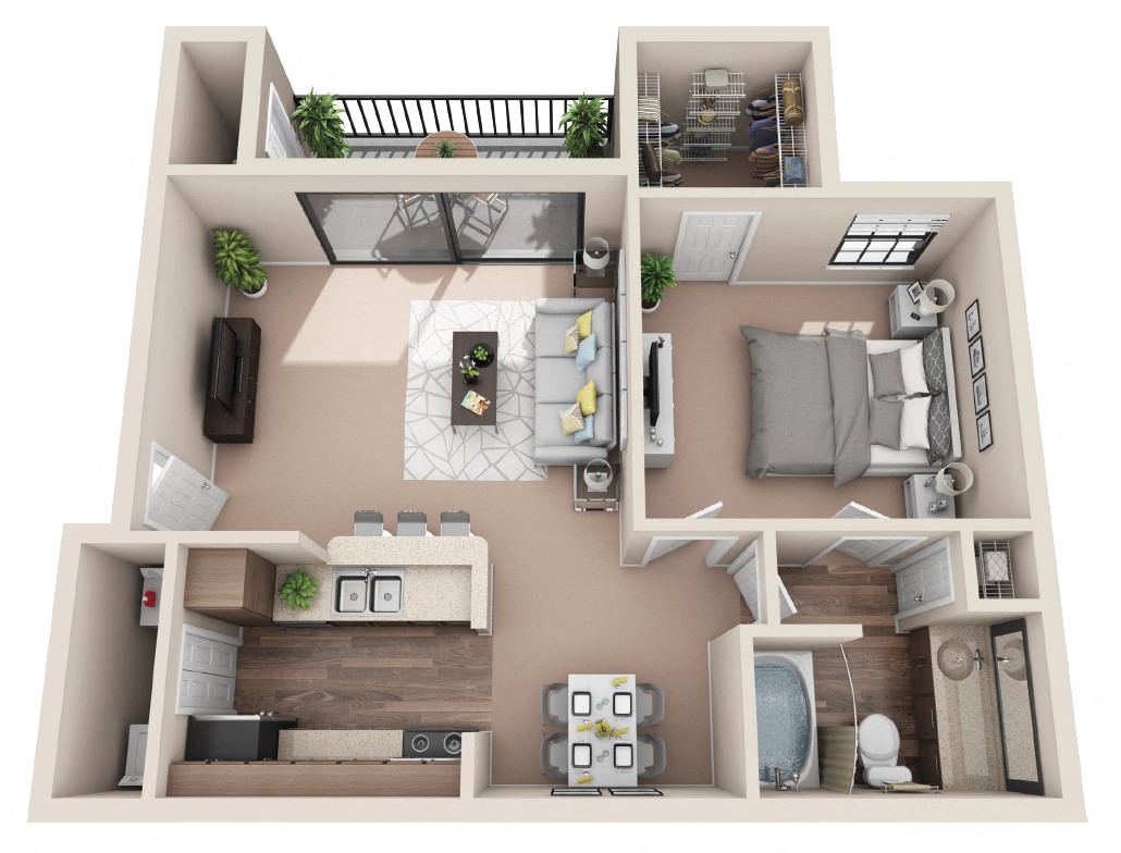 3d 1 bedroom floor plan | Lakeshore at Preston Apartments in Plano, TX