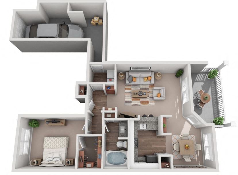1 Bed 1 Bath Floor Plan | 877 Sq. Ft. at  Creekside at Legacy Apartments Plano TX