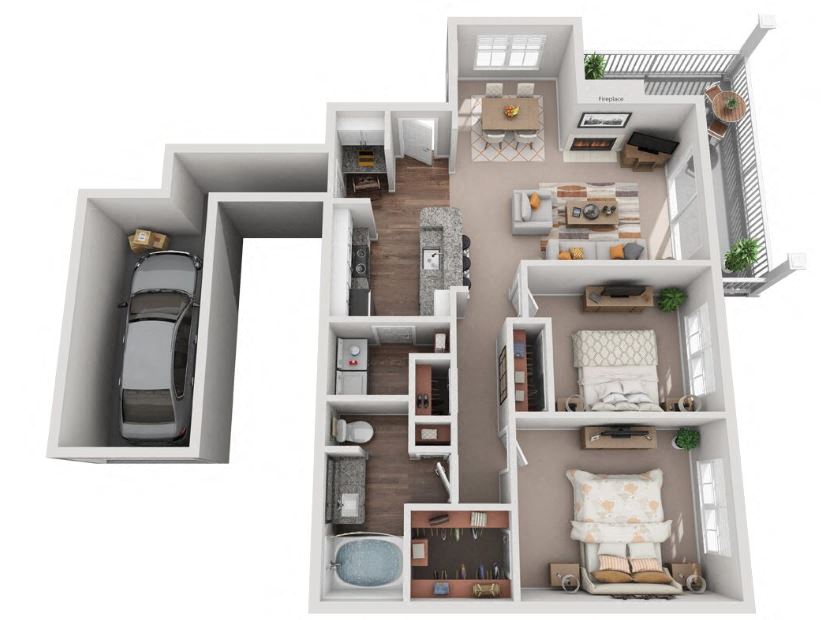 2 Bed 1 Bath Floor Plan | 969 Sq. Ft. at Creekside at Legacy Apartments Plano TX