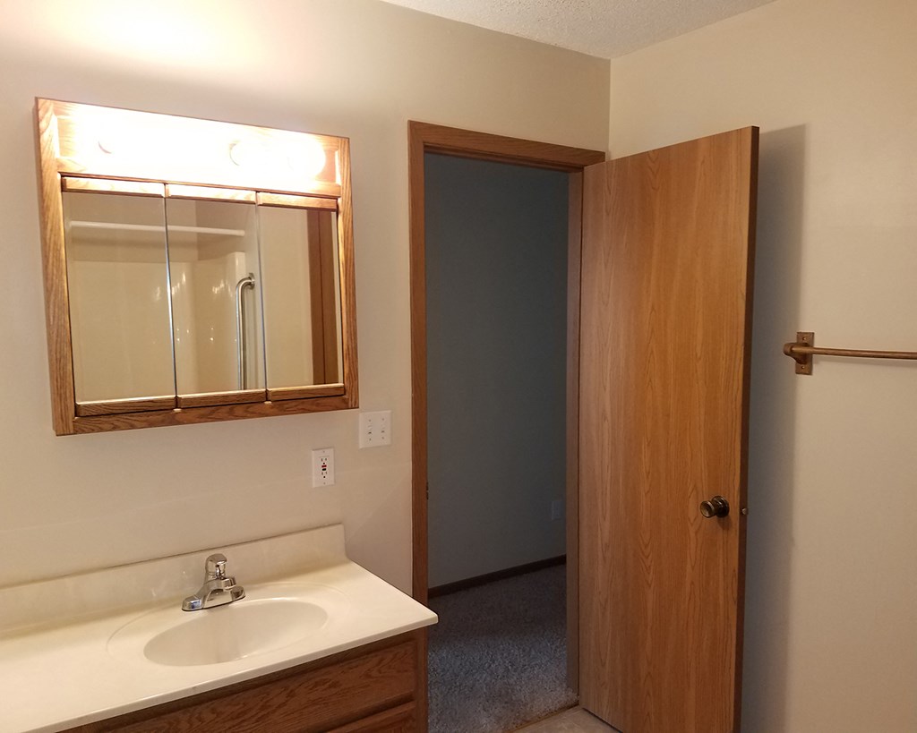 a bathroom with a sink and a mirror and a door