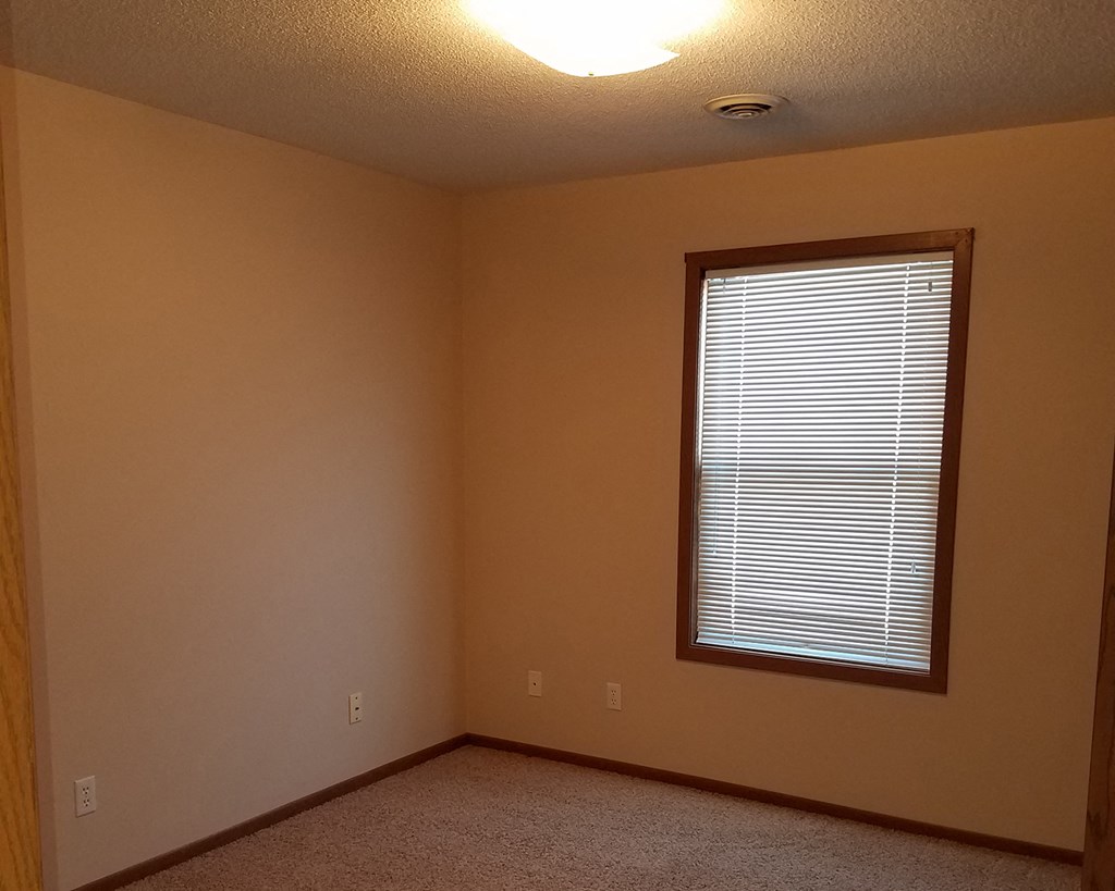 a living room with a window and a carpeted floor