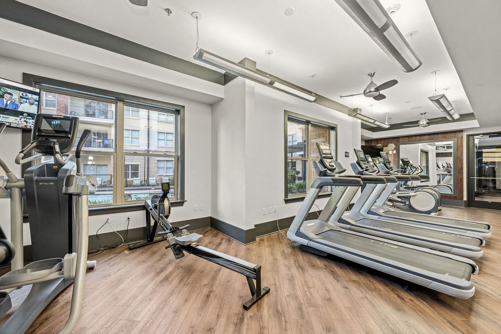 the gym is equipped with treadmills and other exercise equipment