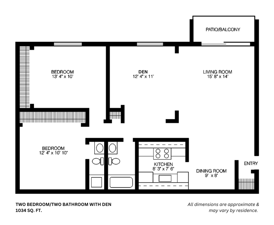 2 Bed 1 Bath Floor Plan | 991 Sq. Ft. at Willow Hill Apartments, Justice