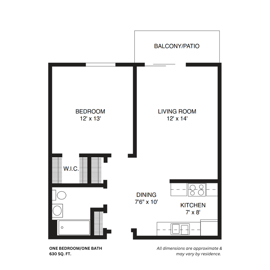  1 Bed 1 Bath  Floor Plan with Patio | 630 Sq. Ft. at Willow Hill Apartments, Illinois, 60458