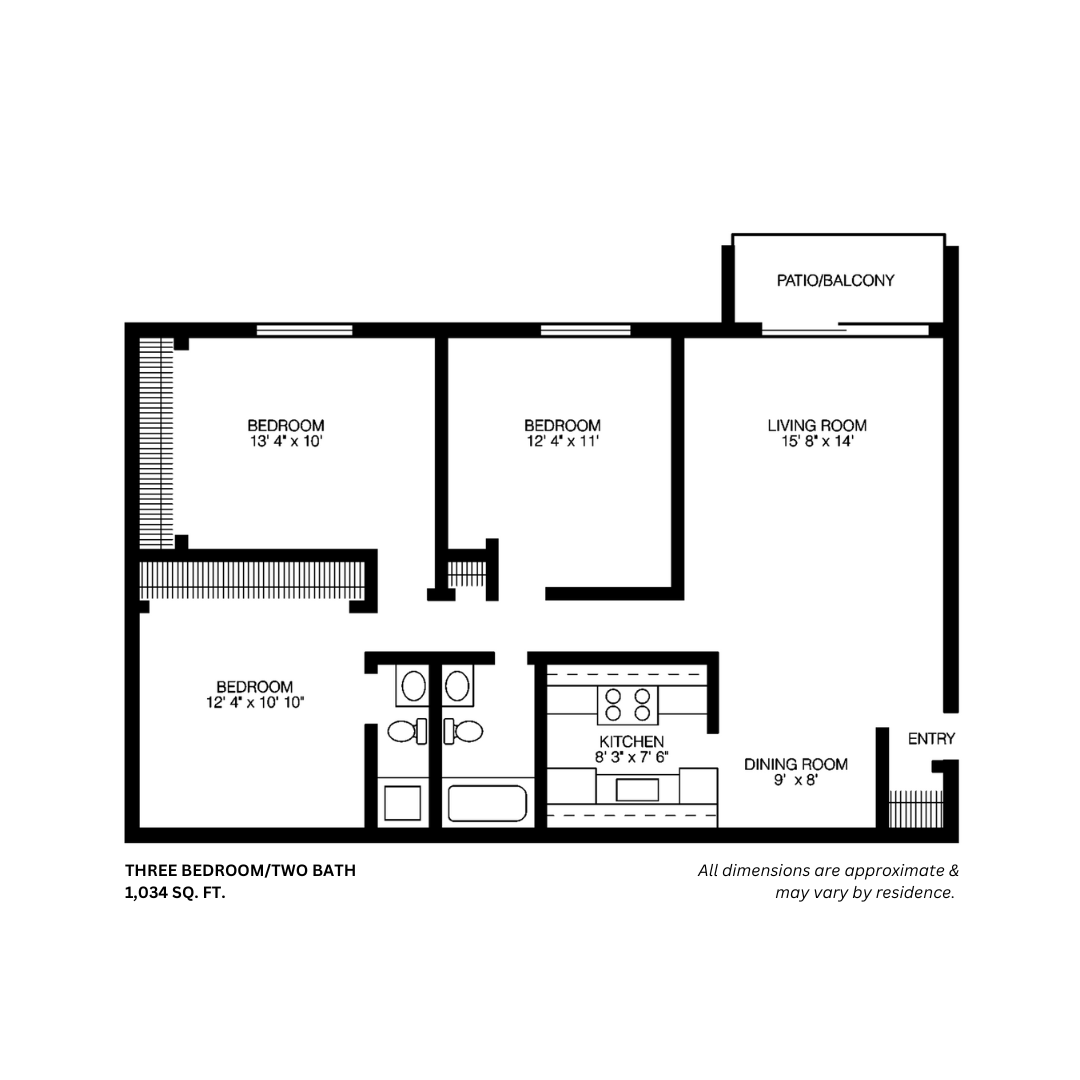3 Bed 2 Bath Floor Plan | 1,034 Sq. Ft. at Willow Hill Apartments, Justice