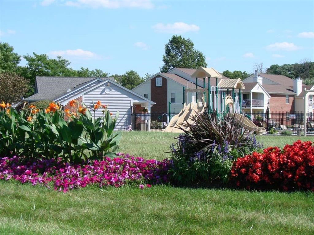 a yard with flowers and houses in the background